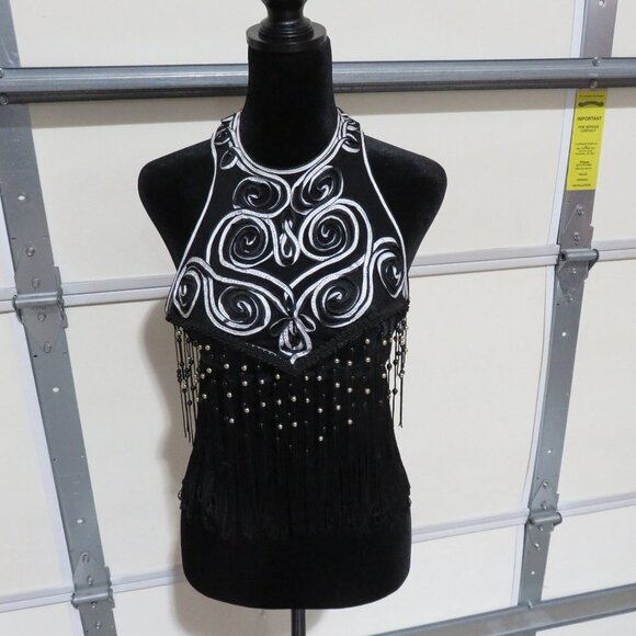 SPADE HALTER TASSLE BRA TOP 36 B CUP BLACK, WHITE, SILVER & MESH INDONESIA MADE - Picture 1 of 13